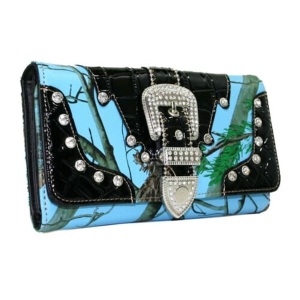 Ritz Ritz WB146-BLU-CAM Camouflage Western Women Trifold Wallet Rhinestone Bling Buckle - Blue & Camo WB146-BLU/CAM - main